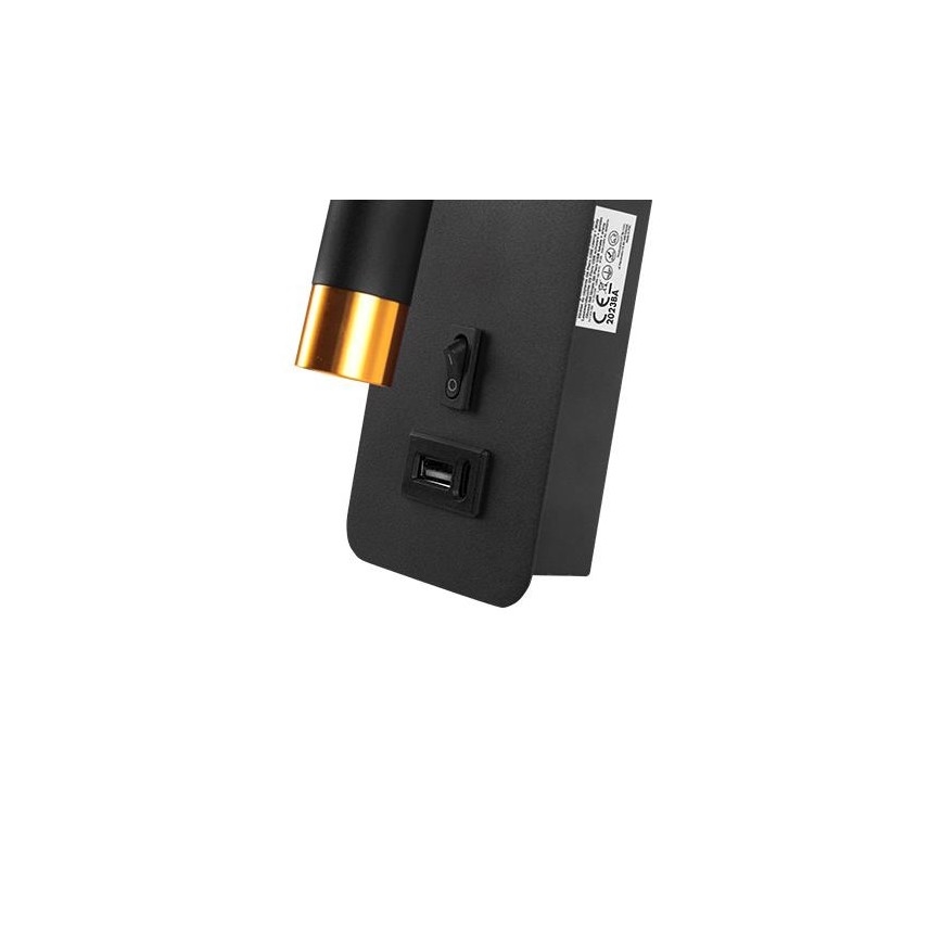 Foco de parede com carregador USB 1xG9/35W/230V preto/dourada