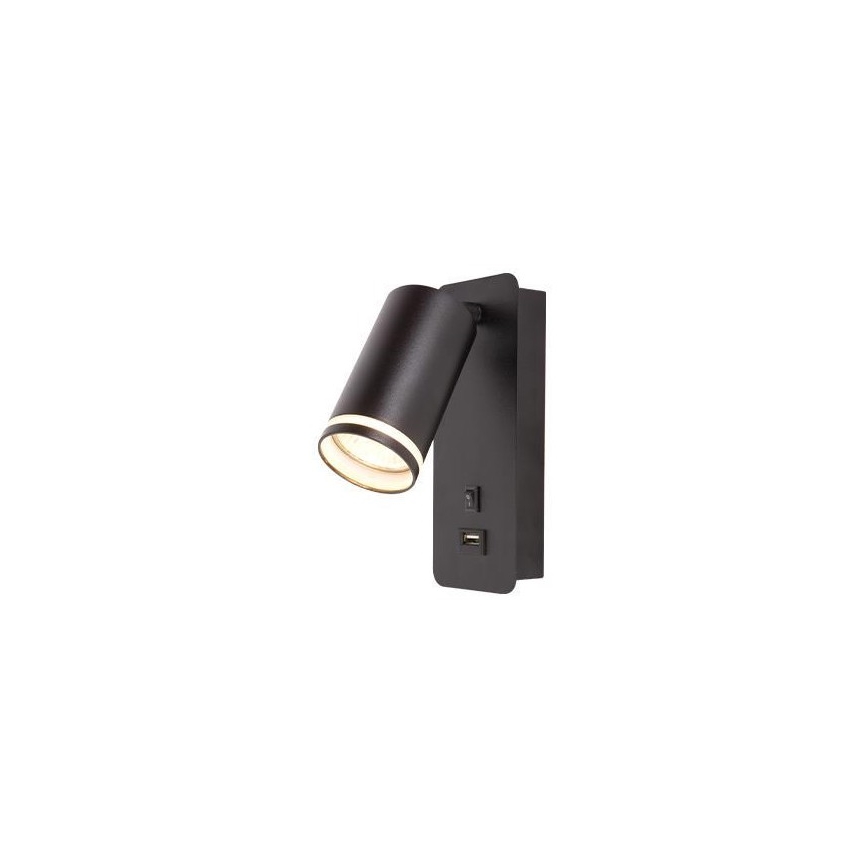 Foco de parede com carregador USB 1xGU10/35W/230V preto
