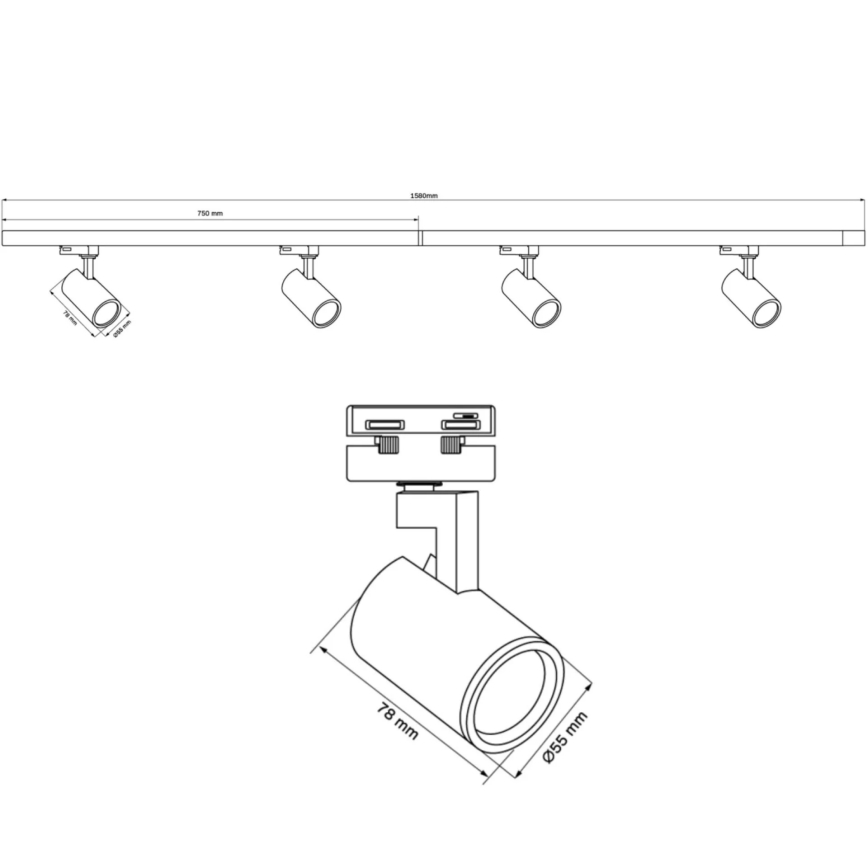Foco para sistema de carril LYNX 4xGU10/10W/230V + 2 x 75 cm sistema ferroviário branco