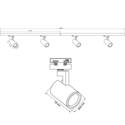 Foco para sistema de carril LYNX 4xGU10/10W/230V + 2 x 75 cm sistema ferroviário preto