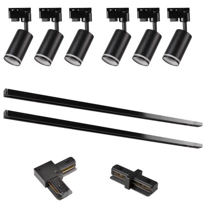 Foco para sistema de carril PARIS 6xGU10/10W/230V + 2x1 m sistema de carril preto