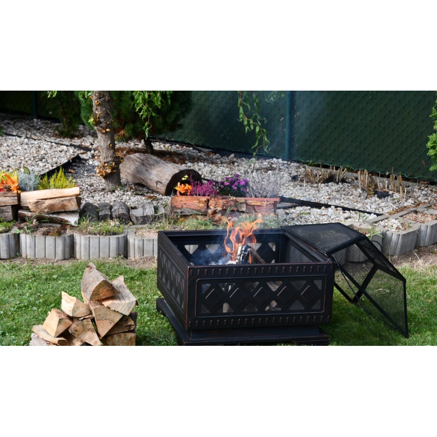 Fogueira de madeira portátil com grelha preto/patina