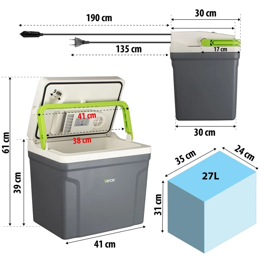 Frigorífico portátil para automóvel com função de aquecimento 27 l 230V/12V cinzento