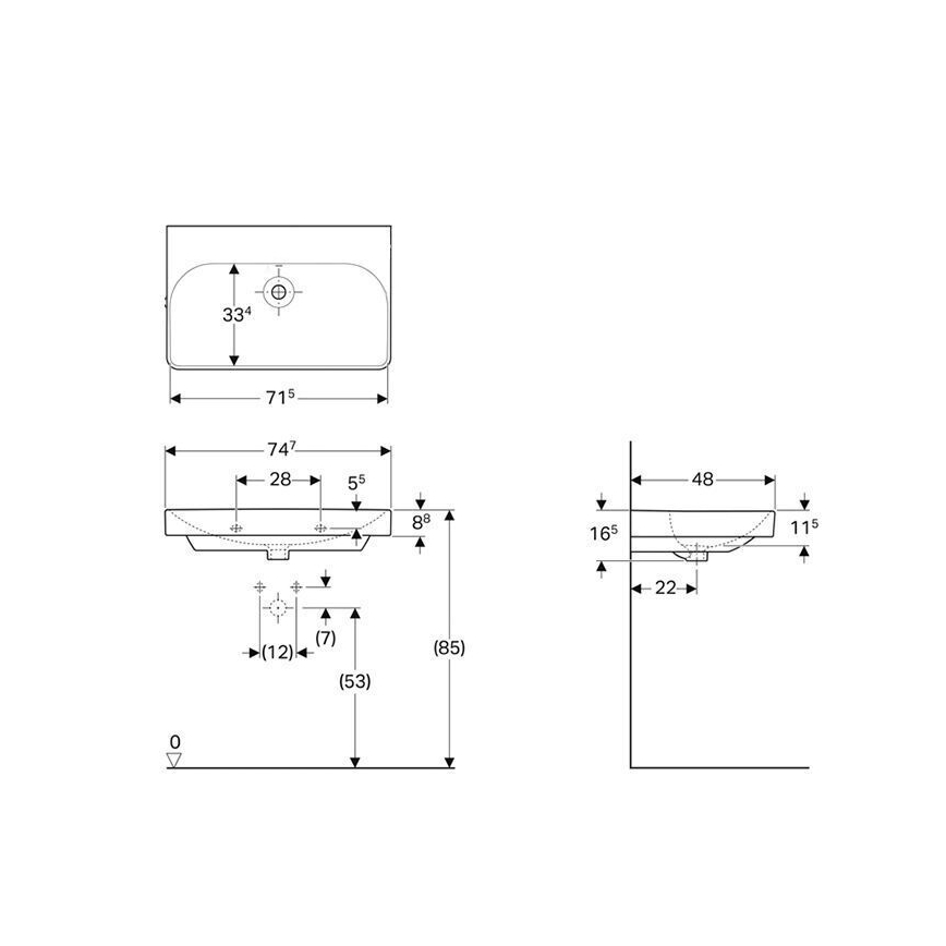 Geberit 500.249.00.2 - Lavatório suspenso Smyle Square 75 x 48 cm, cerâmica/branco