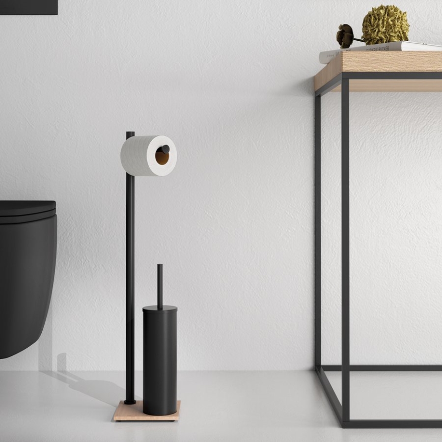 Gedy - Escova de WC de pé com suporte para papel higiénico TRILLY preto mate/bambu
