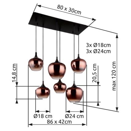 Globo - Lustre suspenso por cabo 6xE27/40W/230V, acabamento cobre