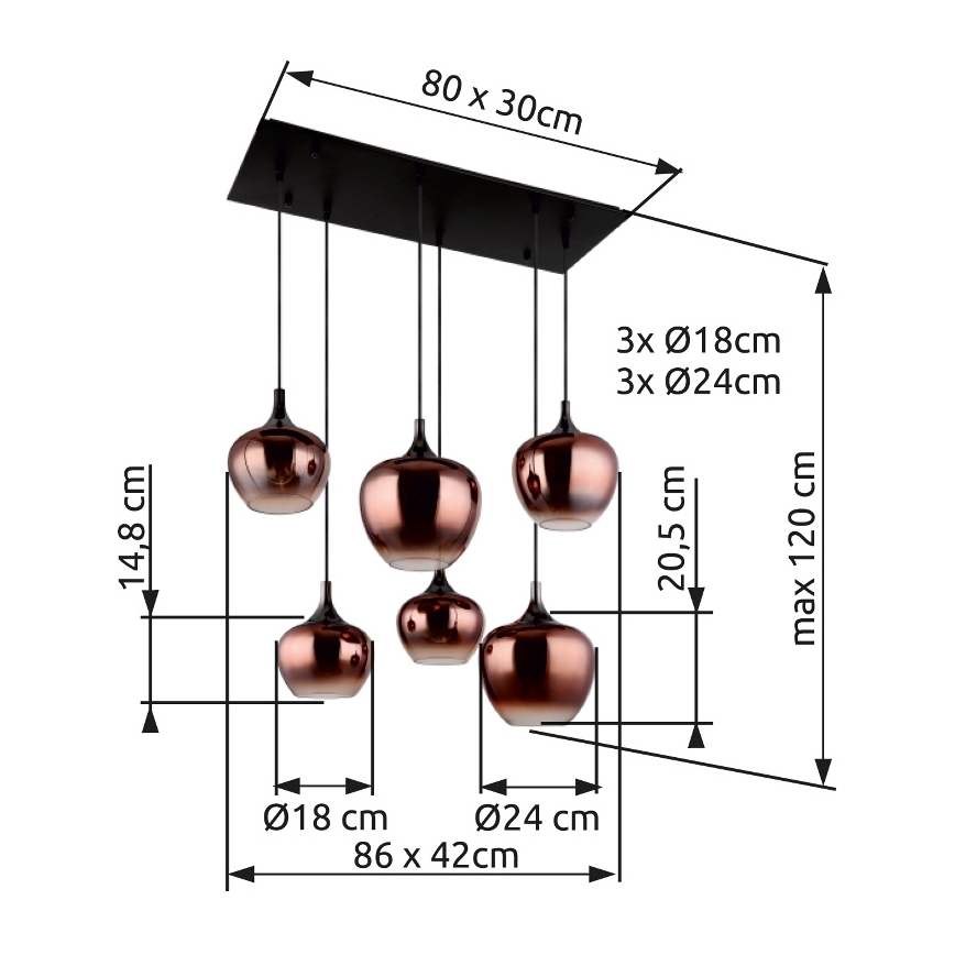 Globo - Lustre suspenso por cabo 6xE27/40W/230V, acabamento cobre