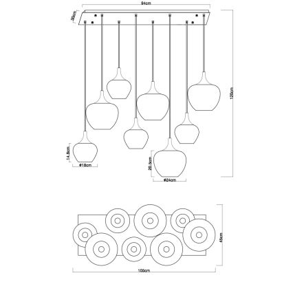 Globo - Lustre suspenso em cabo 8xE27/40W/230V, acabamento em cobre