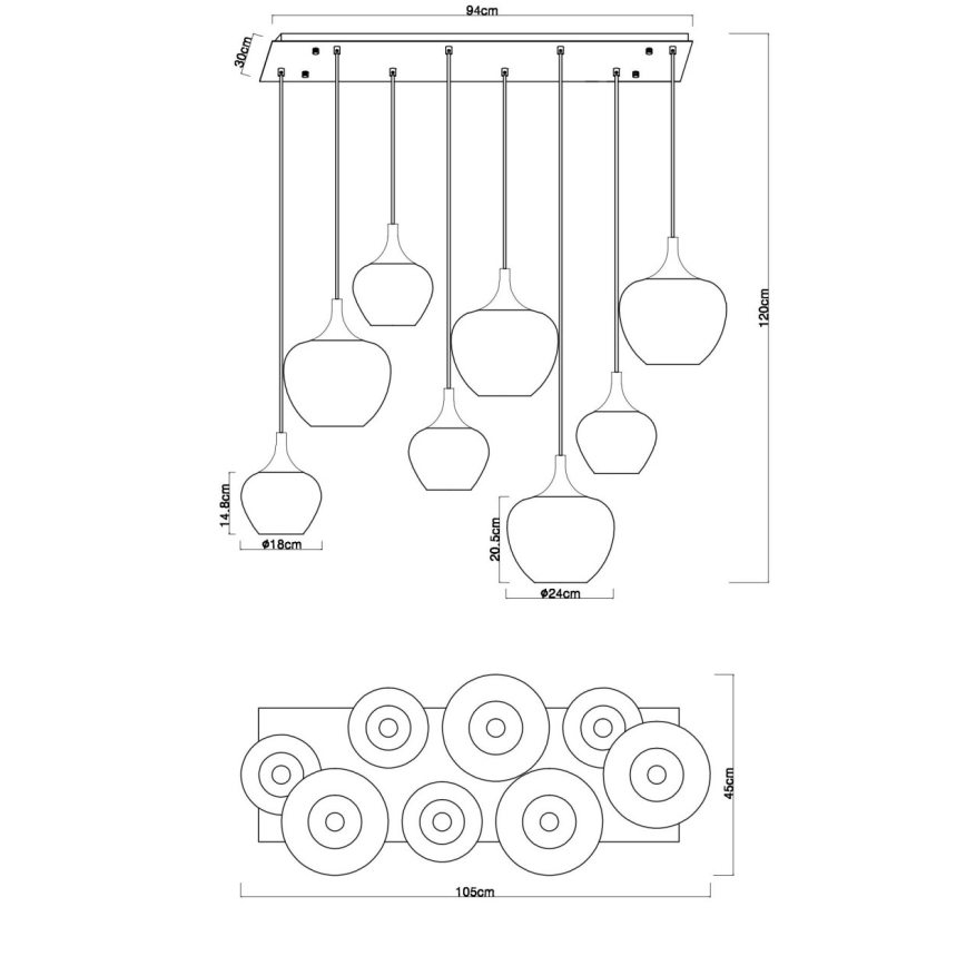 Globo - Lustre suspenso em cabo 8xE27/40W/230V, acabamento em cobre