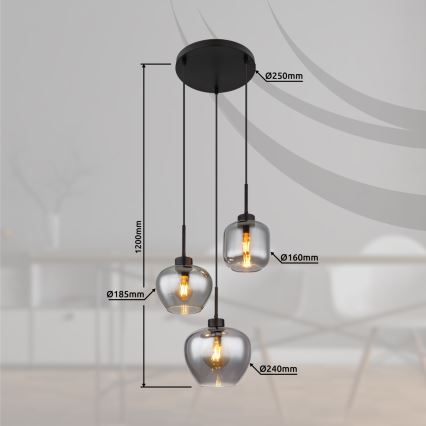 Globo - Lustre suspenso com cabo 3xE27/40W/230V preto