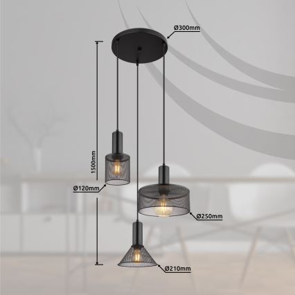 Globo - Candelabro suspenso 3xE27/60W/230V preto
