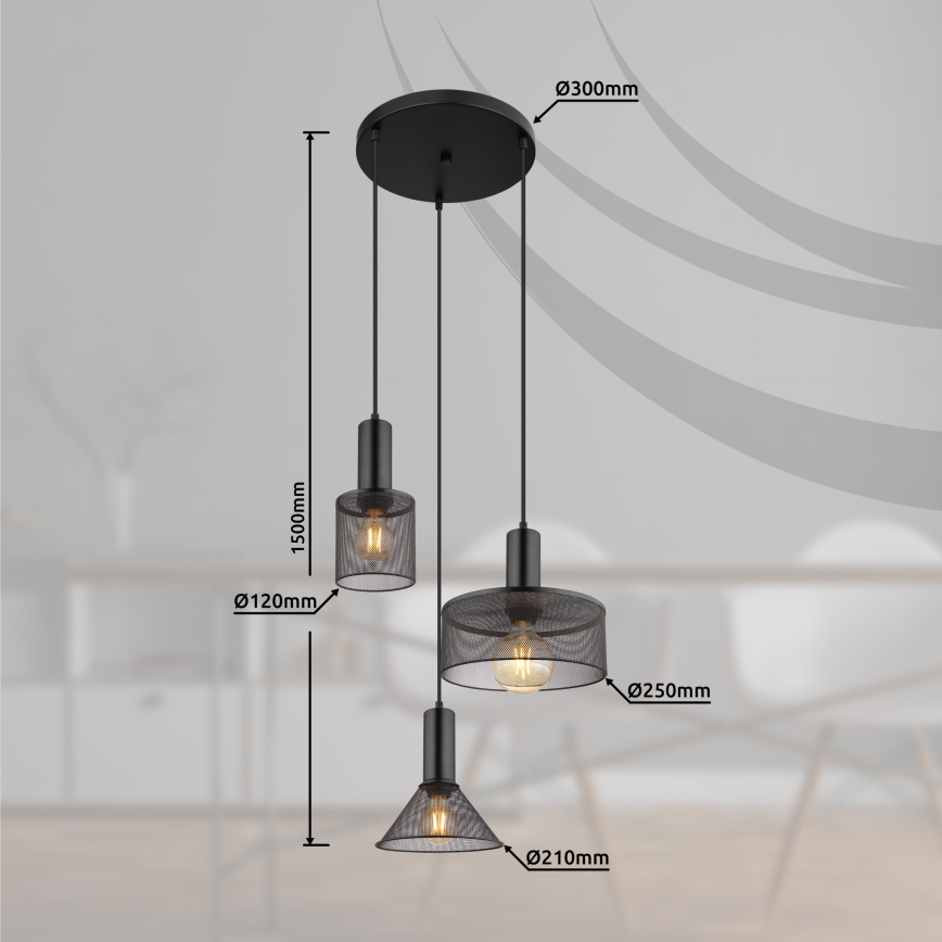 Globo - Candelabro suspenso 3xE27/60W/230V preto