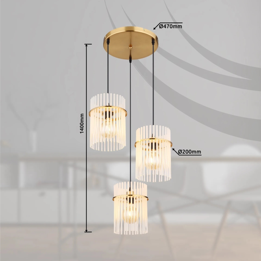 Globo - Candeeiro suspenso 3xE27/60W/230V diâmetro 47 cm dourado