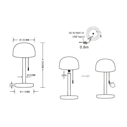 Globo - Candeeiro de mesa LED/1,5W/3,7V 3000/4200/6000K 1800mAh preto