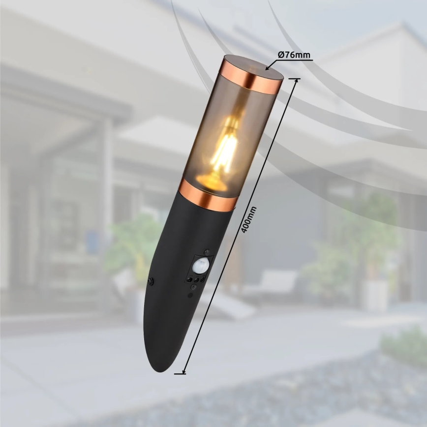 Globo - Iluminação de parede exterior com sensor 1xE27/15W/230V IP44 preto/cobre