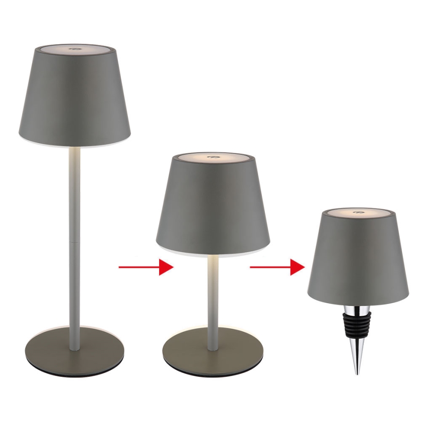 Globo - Lâmpada de mesa exterior LED 3 em 1, recarregável e dimerizável com controlo tátil, 3W/5V, 3000/4000/5000K, IP54, 1800 mAh, cinzento