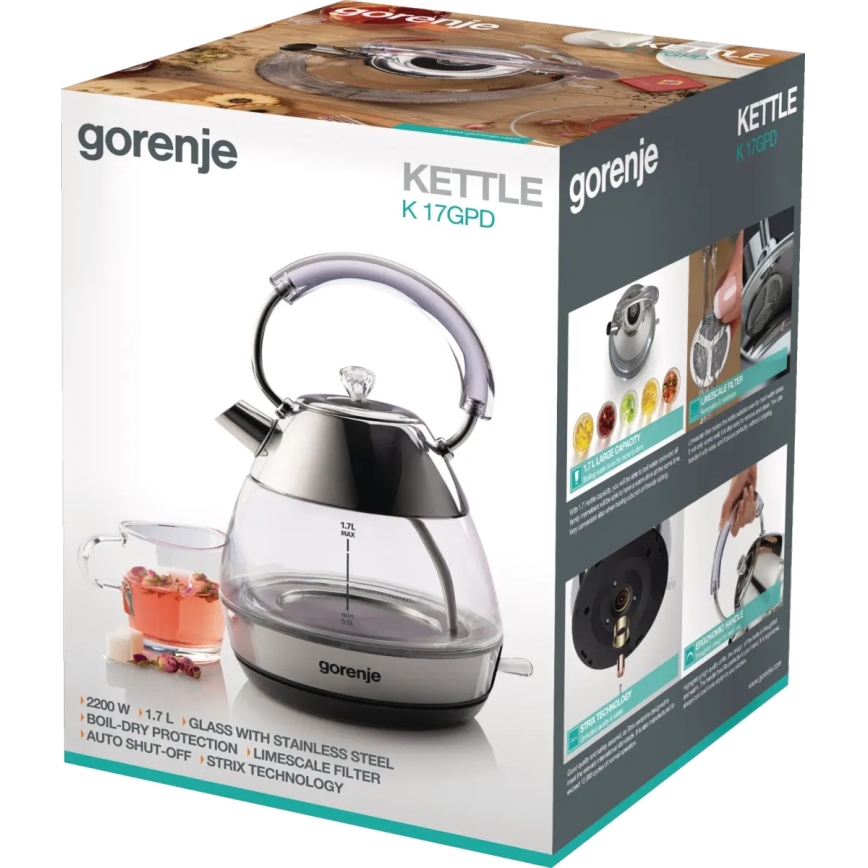 GORENJE K17GPD - Chaleira elétrica 1,7 l 2200W/230V transparente/aço inoxidável