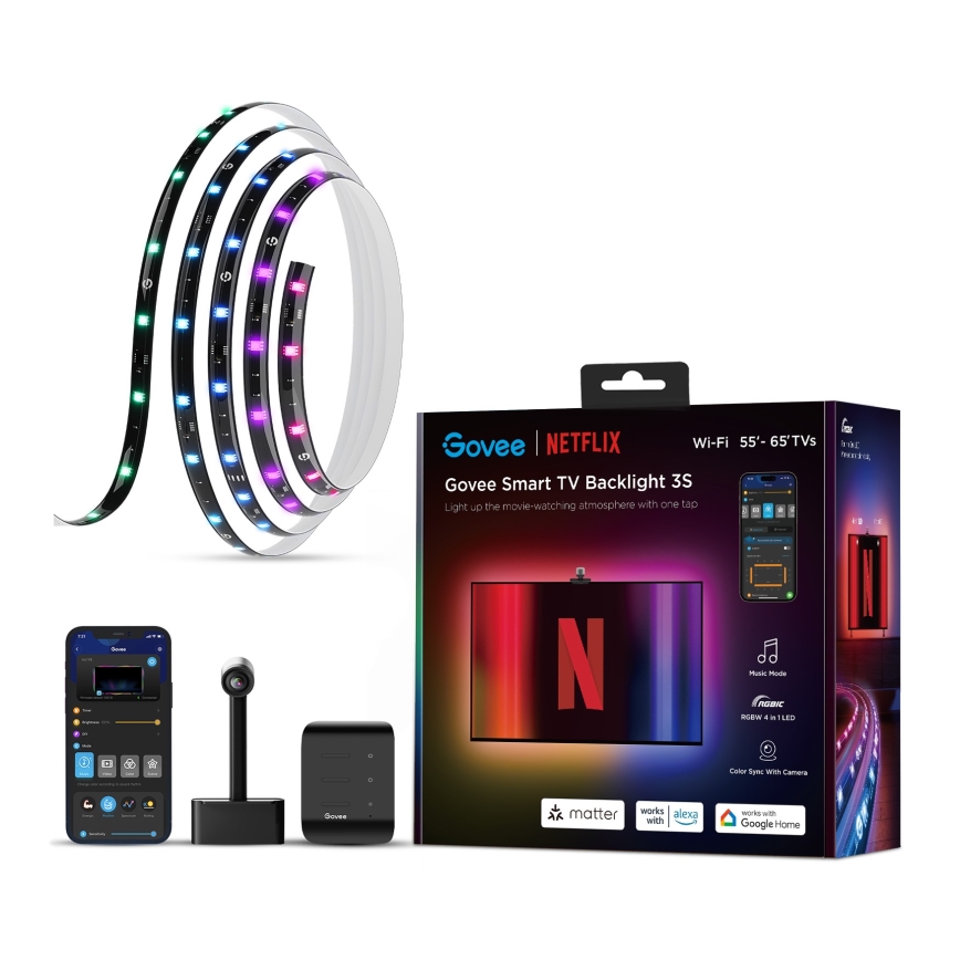 Govee - Backlight 3S Netflix TV 55-65 SMART LED retroiluminação RGBICW Wi-Fi + comando