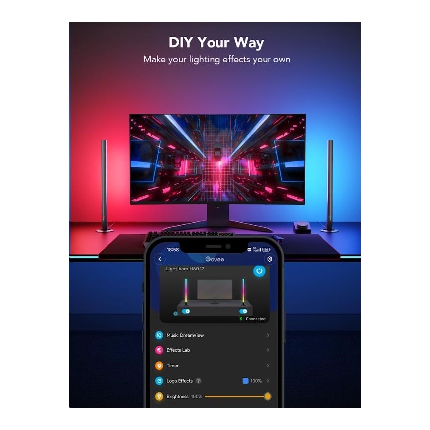 Govee - Conjunto de 2 Painéis Smart Gaming Wi-Fi LED RGBIC + Smart Dual preto + comando remoto