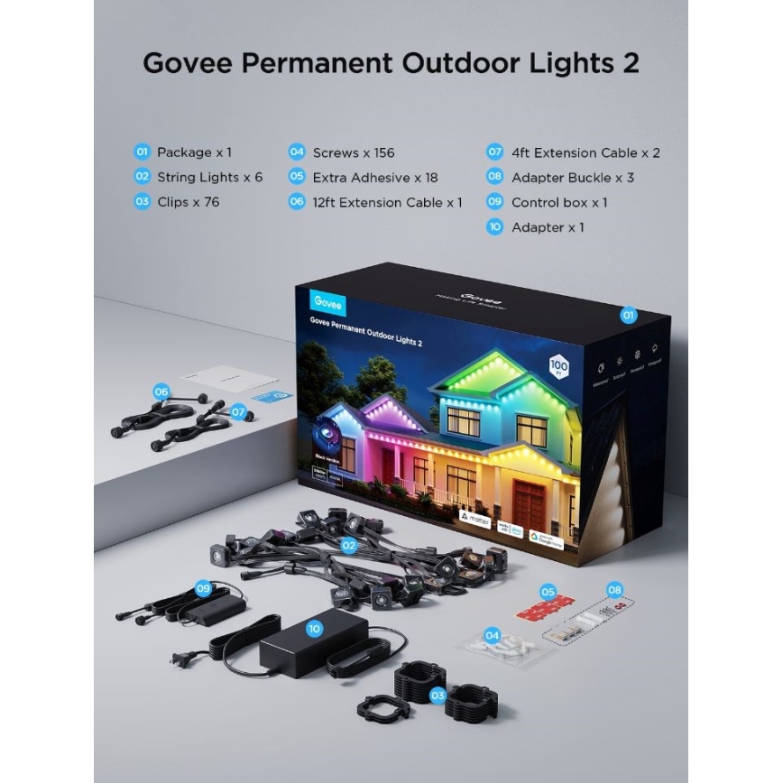 Govee - Cordão de spots LED RGBIC 30 m, Wi‑Fi, Matter, IP67