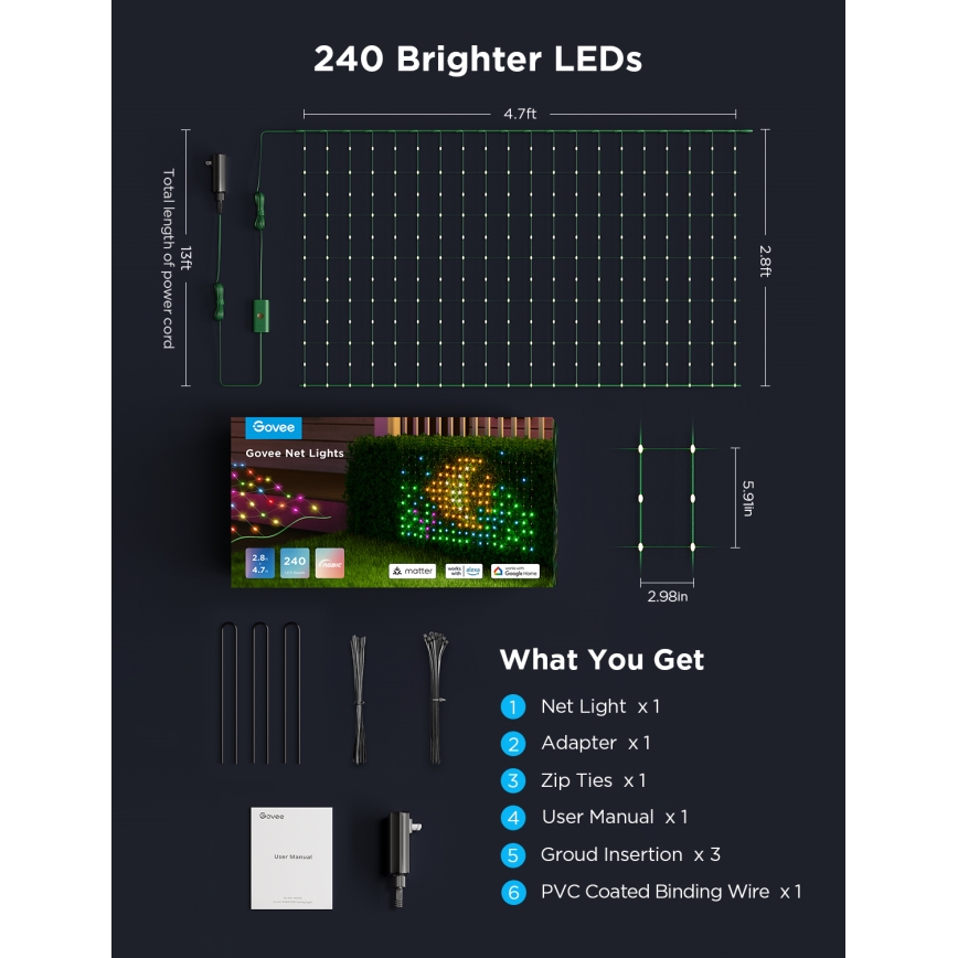 Govee - LED RGBIC Rede luminosa para exterior 143x85cm Wi-Fi Matter IP65