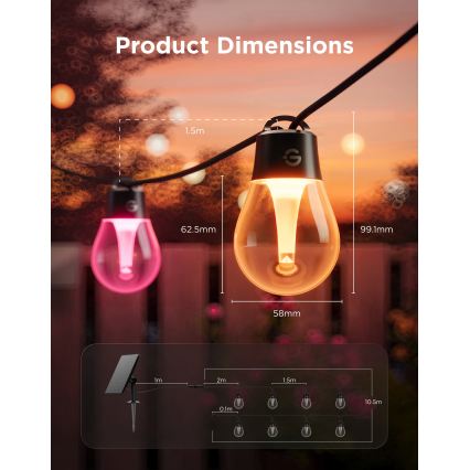 Govee - LED RGBICW Cordão solar 8xLED/6W/5V Wi-Fi Matter IP67