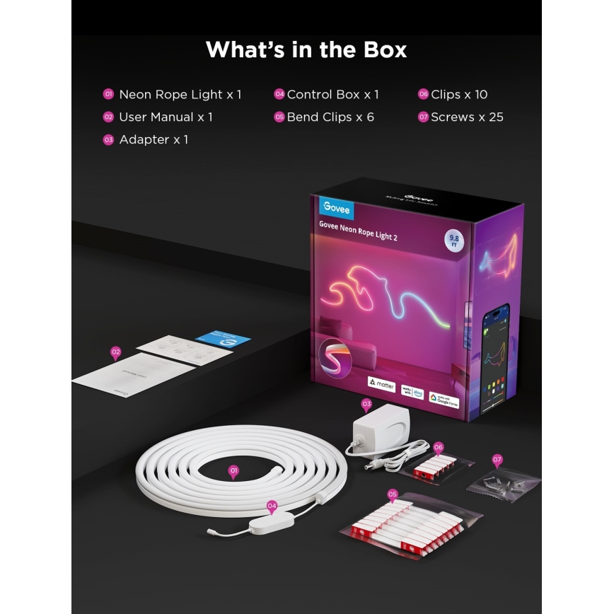 Govee - Neon 2 MATTER, fita LED flexível de 3 m RGBIC com Wi-Fi