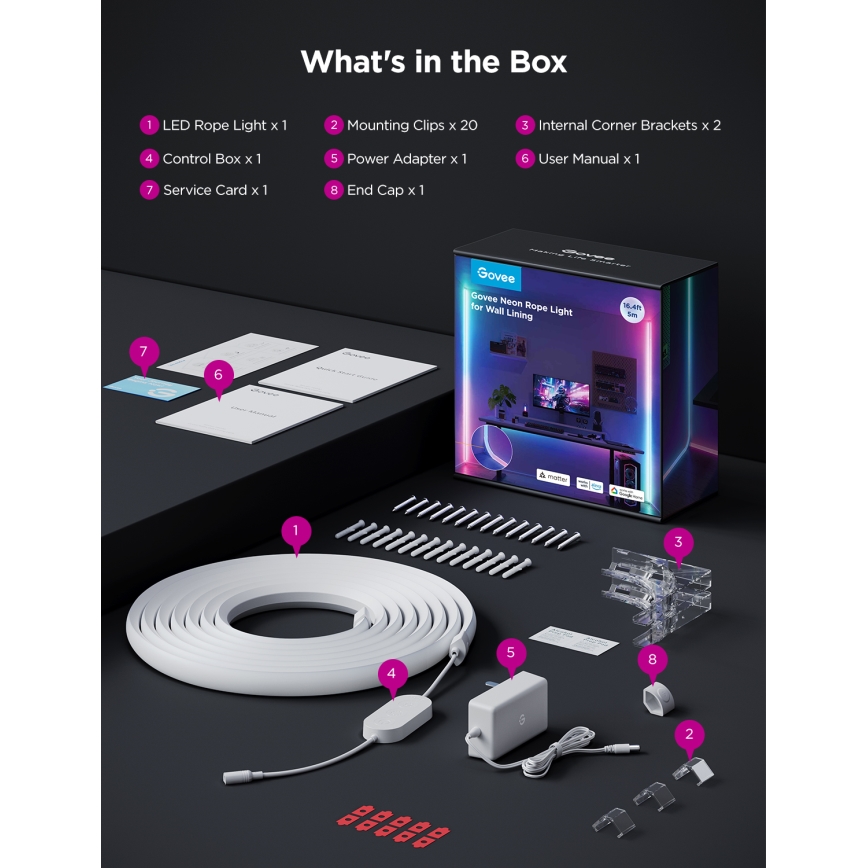Govee - Neon MATTER LED calha de canto 5m RGBIC Wi-Fi