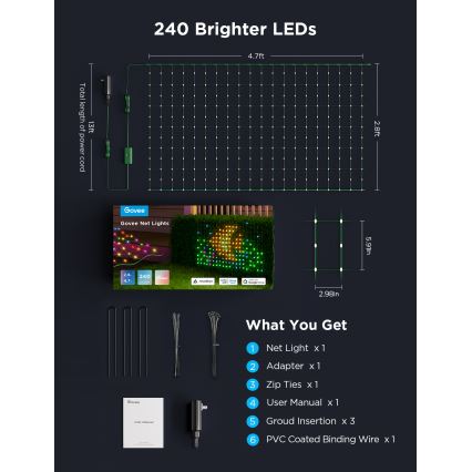 Govee - Rede de iluminação LED RGBIC para exterior 143x85cm Wi-Fi Matter IP65