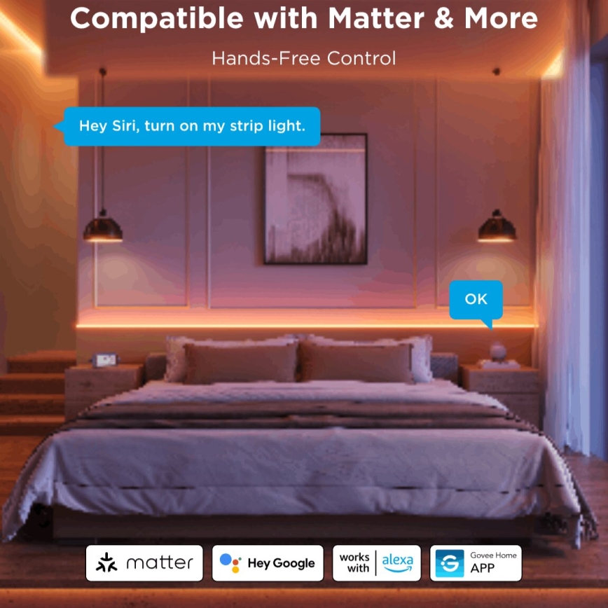 Govee - Tira LED RGBICW com regulação COB 3780 díodos 3m Wi-Fi Matter