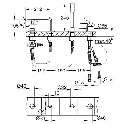 GROHE 19577001 - Conjunto para banheira de quatro furos LINEARE, cromado brilhante