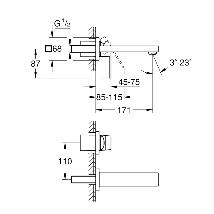 GROHE 19895000 - Misturador de lavatório para 2 furos EUROCUBE, 171 mm, cromado brilhante