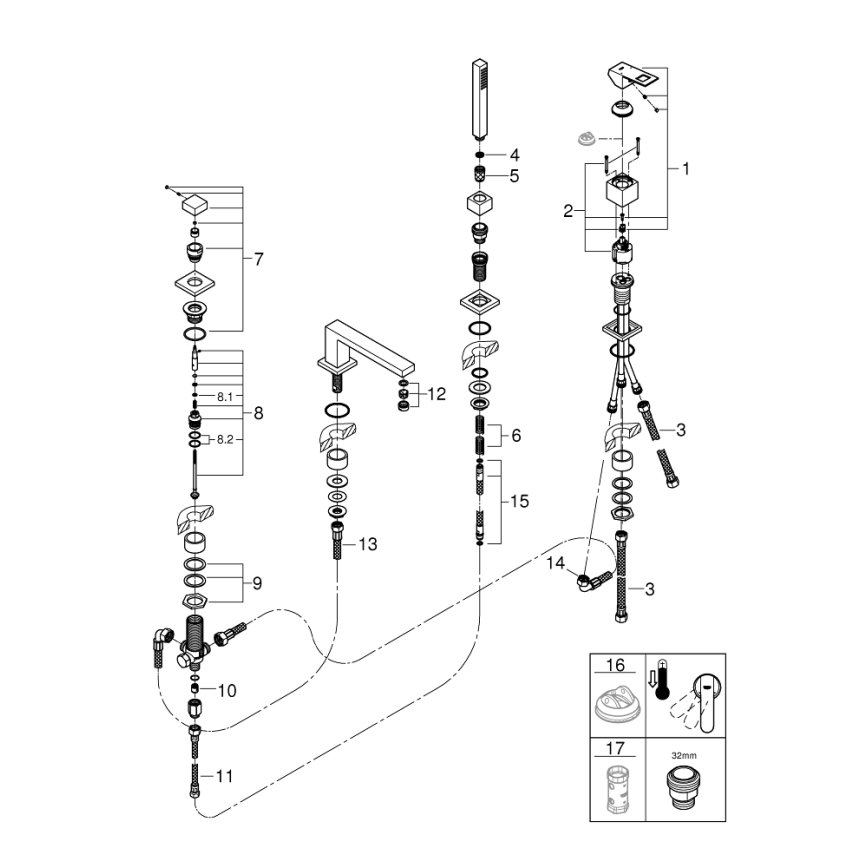 GROHE 19897001 - Misturador de banheira de 4 furos EUROCUBE, cromado brilhante