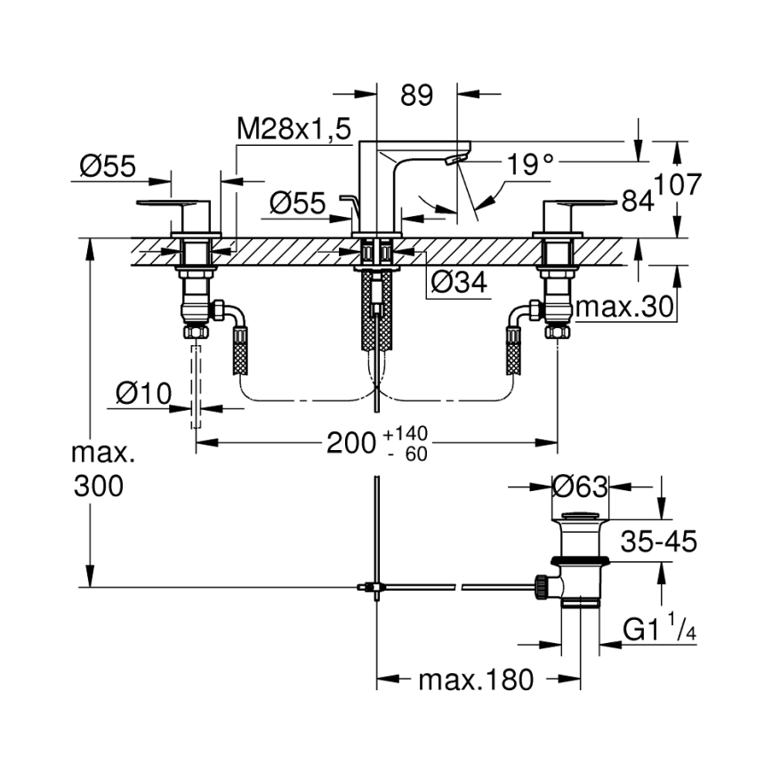 GROHE 20187000-Misturador de lavatório de três furos EUROSMART COSMOPOLITAN DN 15 cromado