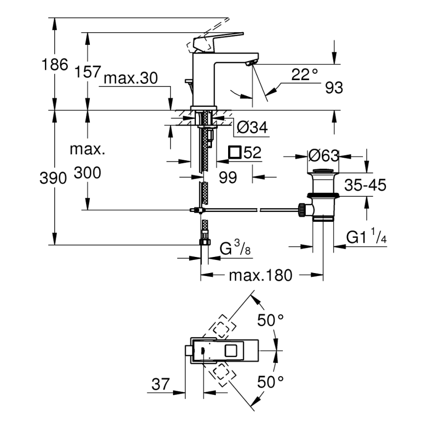 GROHE 2312700E - Misturador para lavatório EUROCUBE tamanho S cromado brilhante