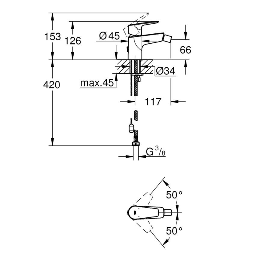 GROHE 23332001 - Misturador para bidé BAUEDGE, tamanho S, cromado brilhante