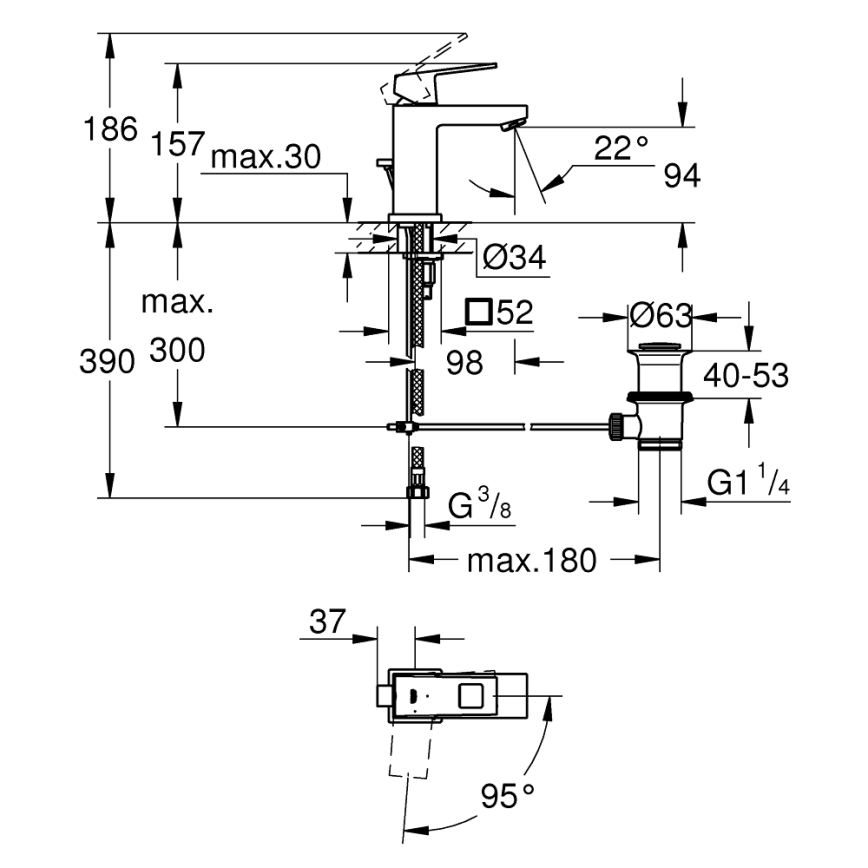 GROHE 2339000E - Misturador de lavatório EUROCUBE DN 15, acabamento cromado brilhante