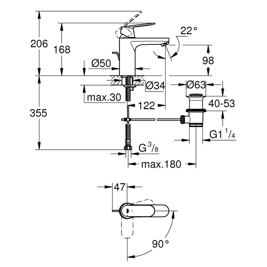 GROHE 2339600E -Misturador para lavatório EUROSMART COSMOPOLITAN DN 15 tamanho M cromado