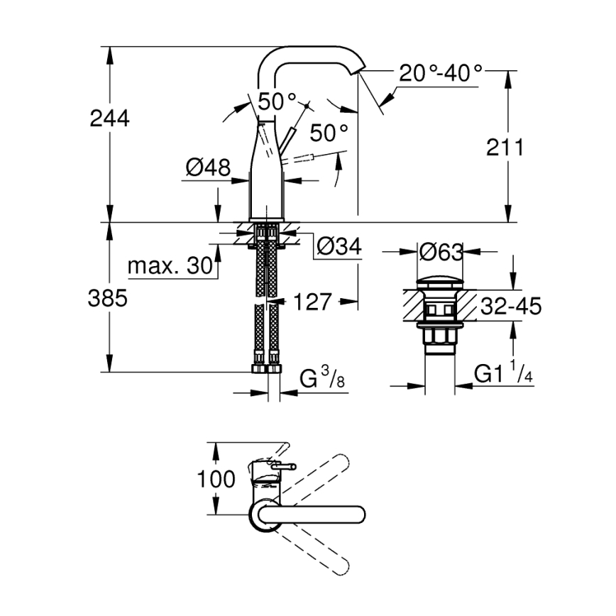 GROHE 23799001 - Misturadora de lavatório ESSENCE, tamanho L, acabamento cromado brilhante