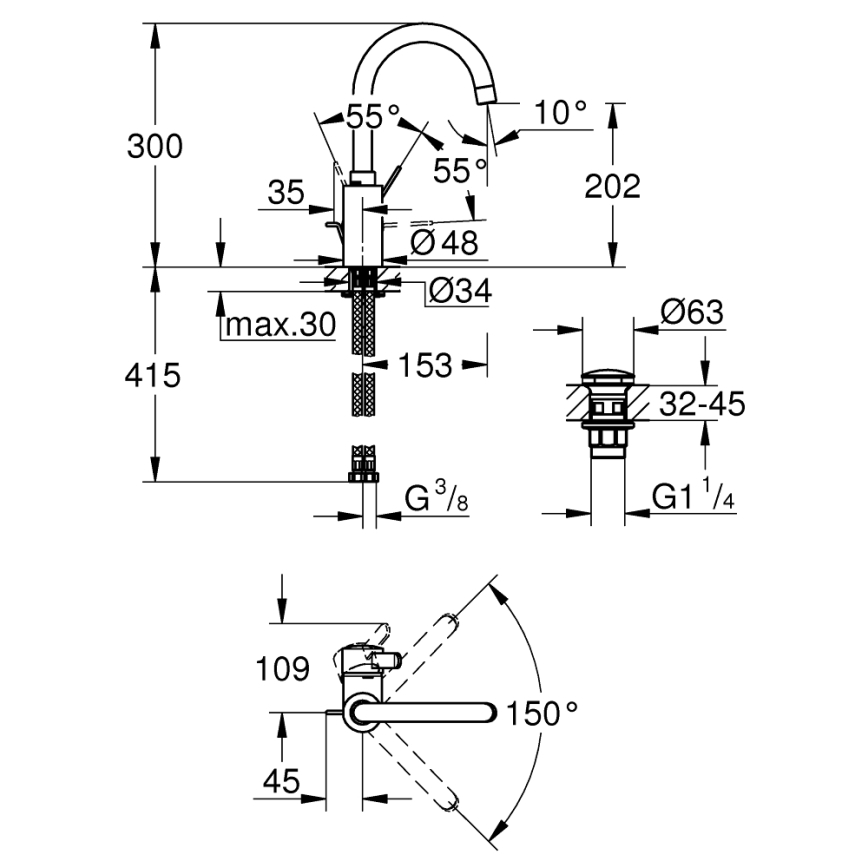 GROHE 23933001 - Misturador para lavatório EUROSMART COSMOPOLITAN, tamanho L, acabamento cromado