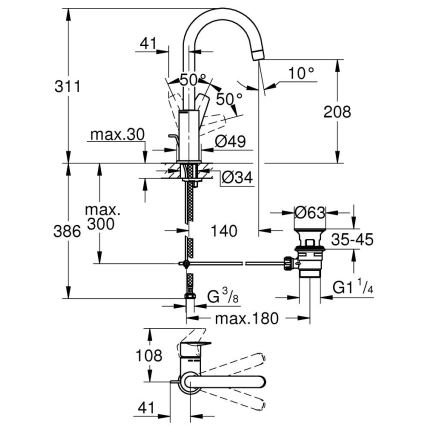 GROHE 24201001 - Torneira para lavatório DN 15, tamanho L, cromado brilhante