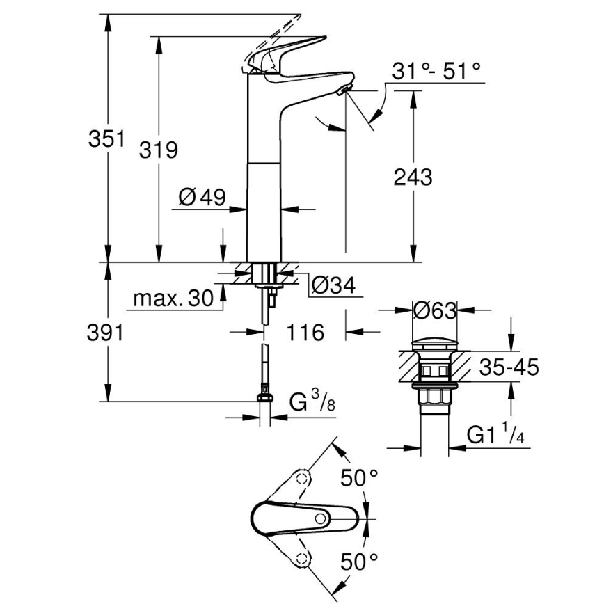 GROHE 24331001 - Misturador para lavatório SWIFT 319 mm cromado brilhante