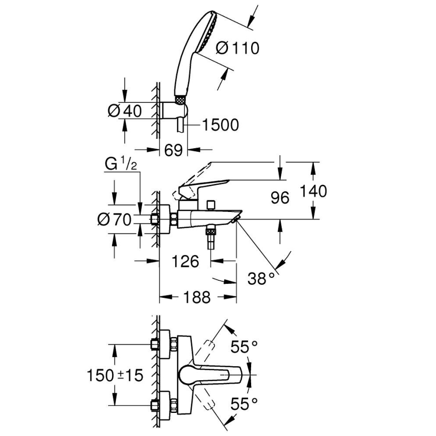GROHE 25283002 - Misturador de banheira com acessórios DN 15 cromado brilhante