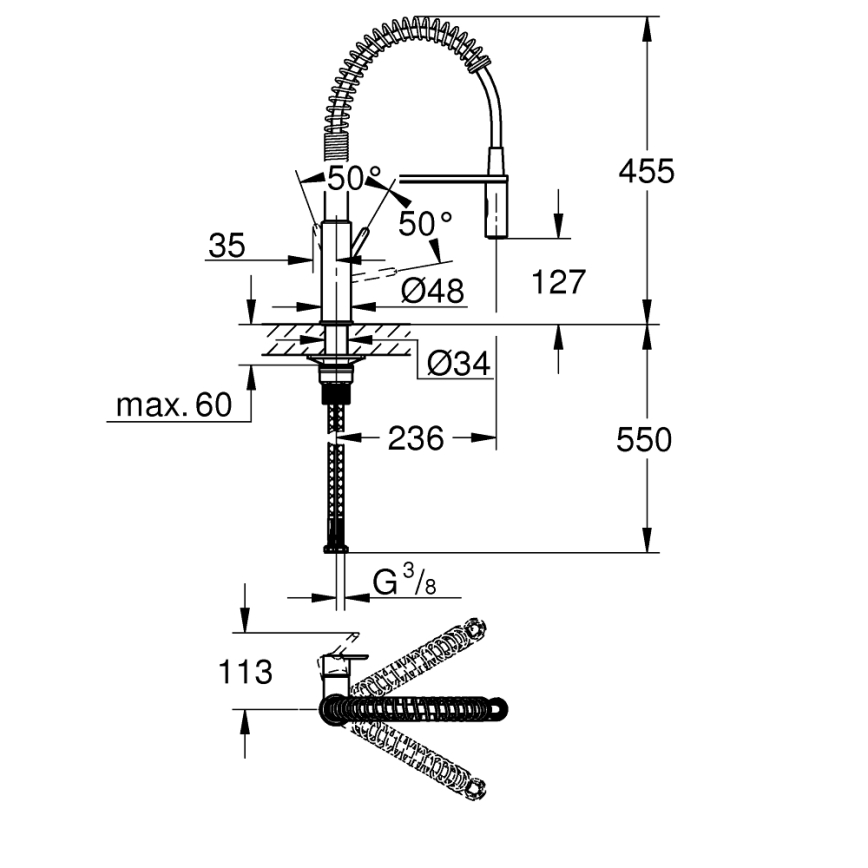 GROHE 30361000 - Misturador de cozinha GET 455 mm, cromado brilhante