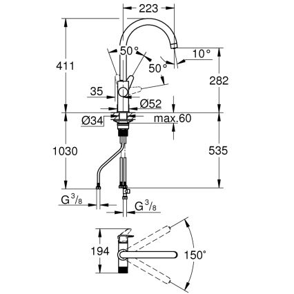 GROHE 30592000 - Misturadora para lava-loiça BLUE PURE StartCurve 411 mm cromado brilhante
