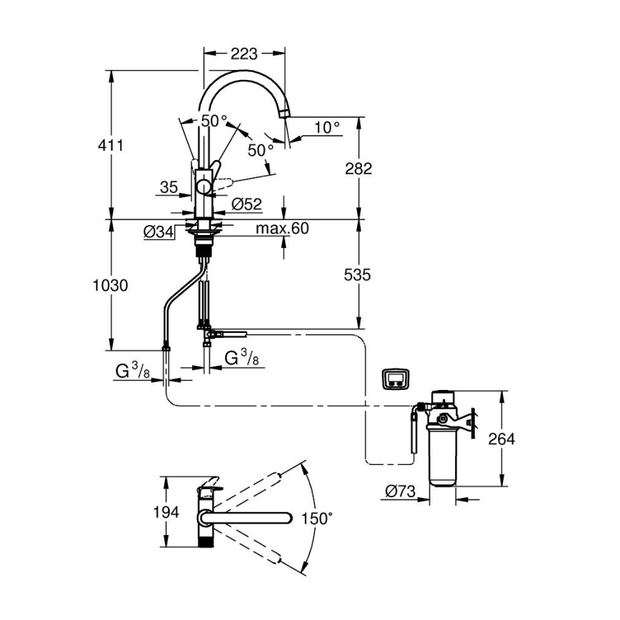 GROHE 30593000 - Torneira de cozinha BLUE PURE, bica em C, acabamento cromado brilhante