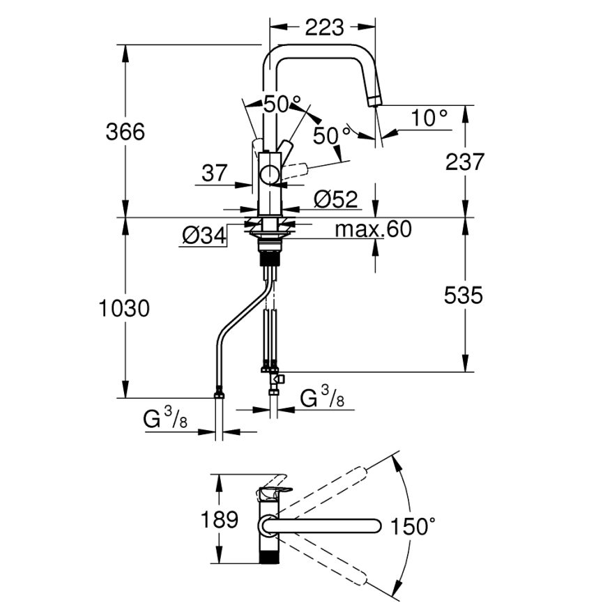 GROHE 30595000 - Torneira de cozinha BLUE PURE Start 366 mm, cromado brilhante