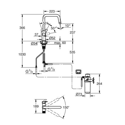 GROHE 30596000 - Misturador de cozinha BLUE PURE com sistema de filtragem, cromado brilhante