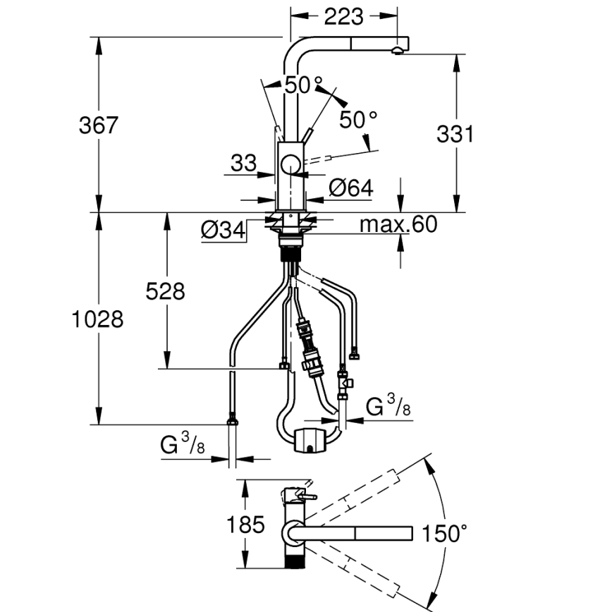 GROHE 30601000 - Misturadora de cozinha BLUE PURE A com bica extensível, acabamento cromado brilhante