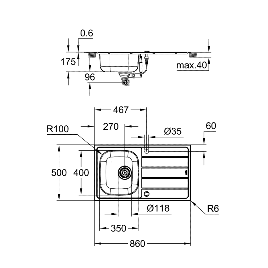 GROHE 31562SD1 - Conjunto de cuba de cozinha e misturador BAU 860 x 500 mm, aço inoxidável